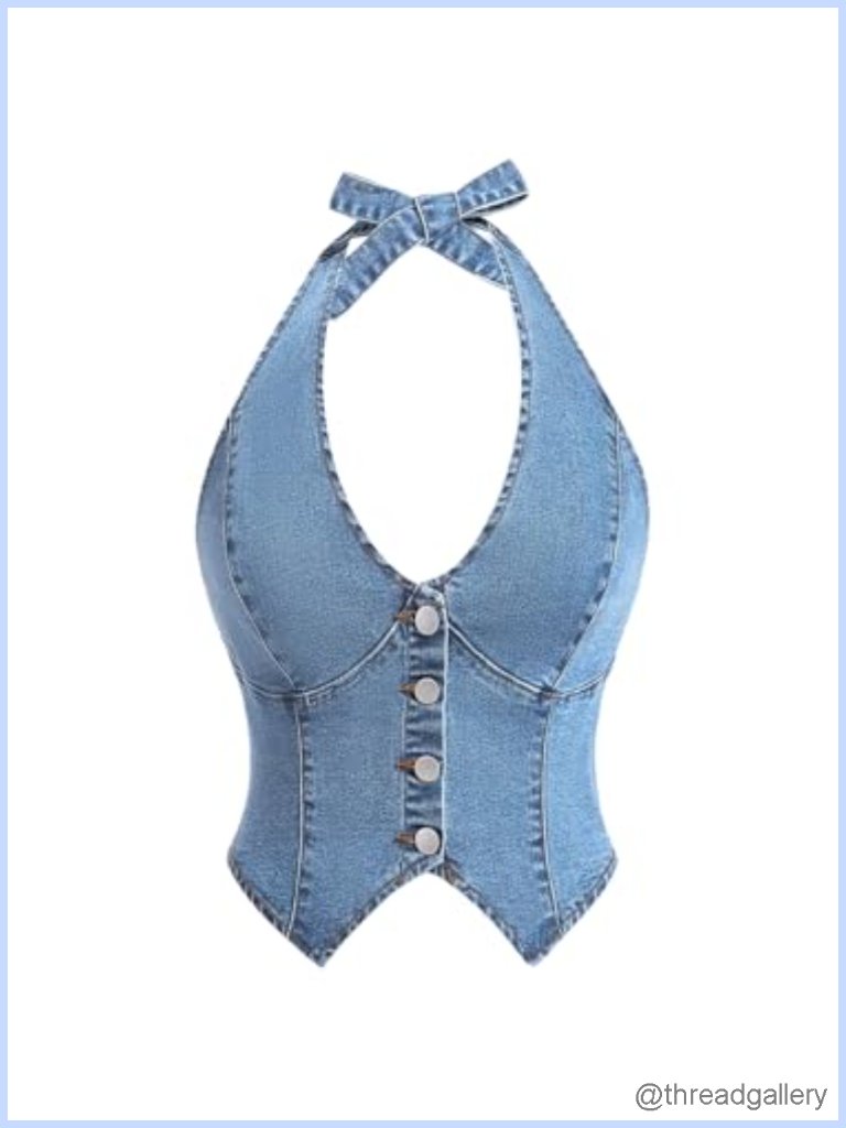 Women's Denim Halter Top Tie Backless Button Front Slim Fit Vest